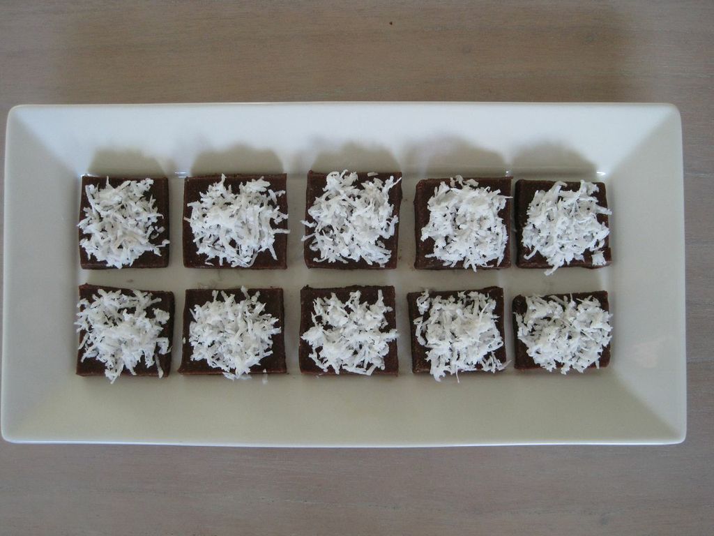 Raw Chocolate Brownies topped with shaved Coconut 